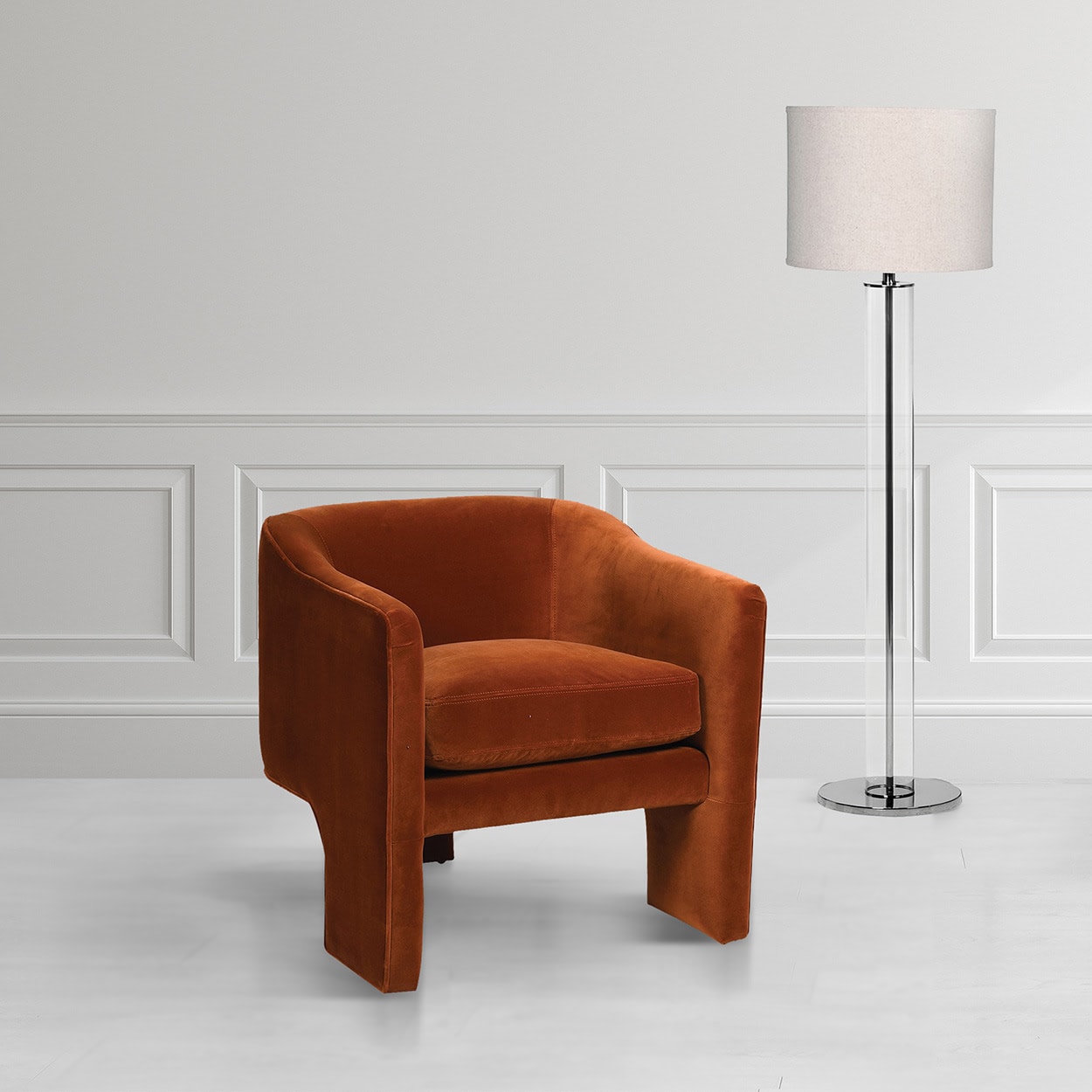 Rust Orange Cotton Velvet 3 Legged Armchair 