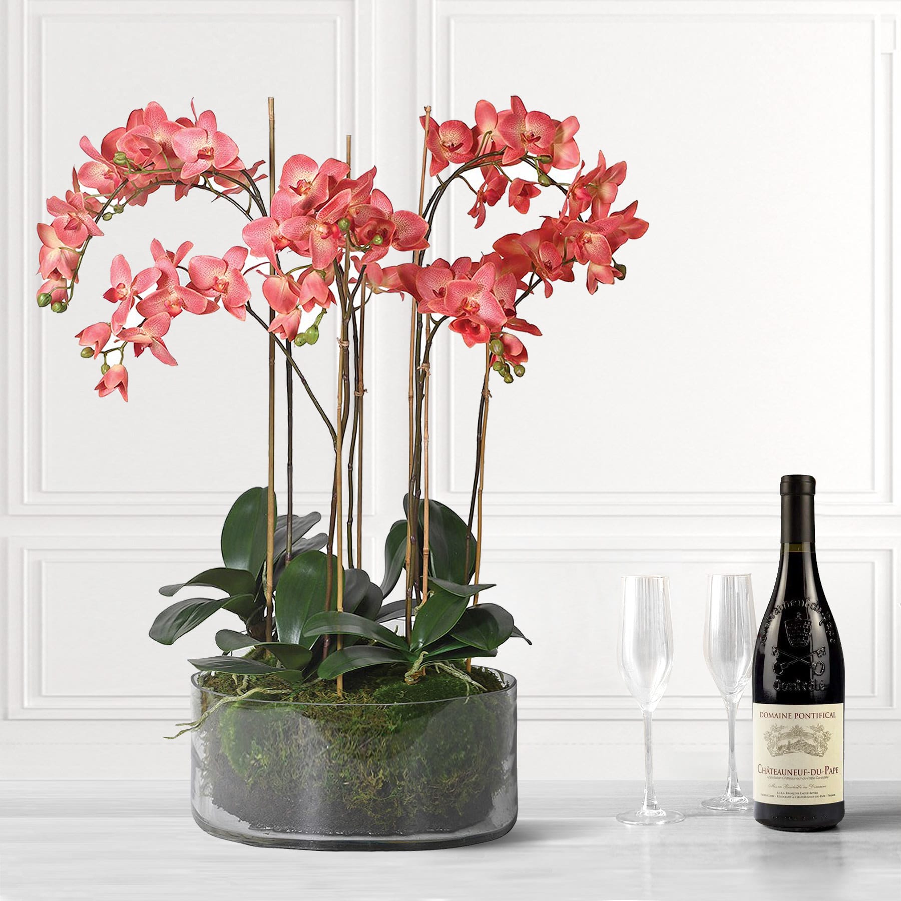 Faux Dark Pink Phalaenopsis Orchid in Glass Vase | Artificial Flower Arrangements