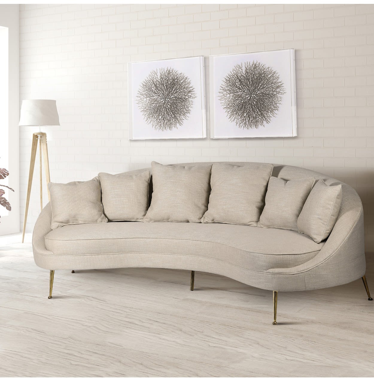 Beige Polyester Curved Sofa with Gold Legs