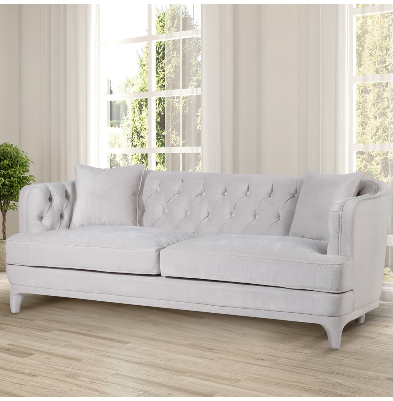 Curved Ivory Polyester Velvet Luxury 3 Seater Buttoned Sofa