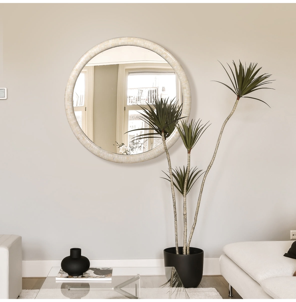 Ivory Bone Inlay Circular Mirror