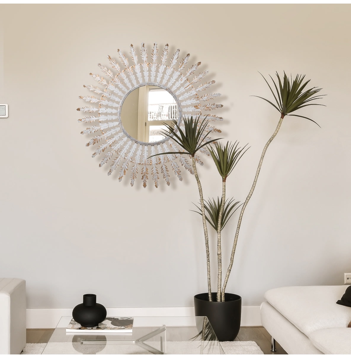 Distressed Round Feather Mirror with Golden Edge