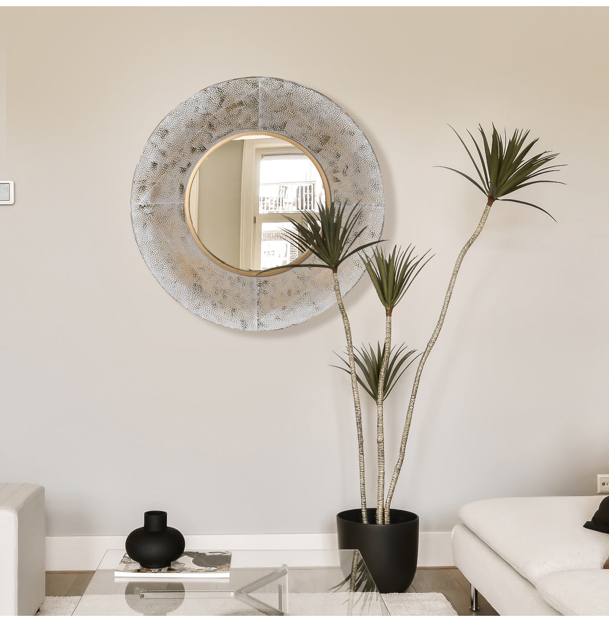 Whitewash Patterned Round Mirror