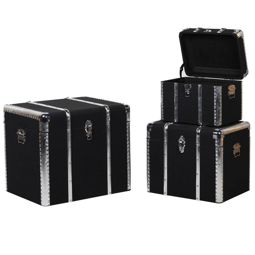 Set of 3 Black and Metal Trunks