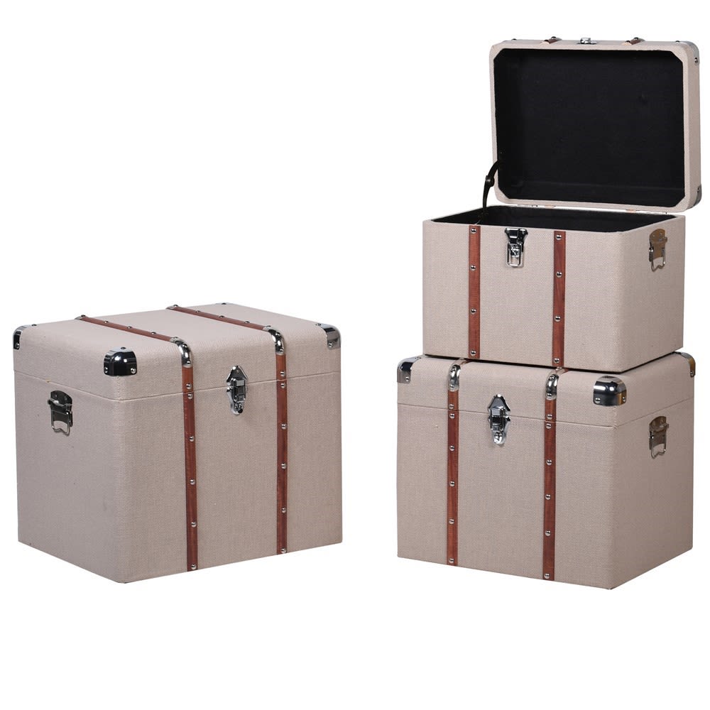 Set of 3 Beige and Wood Trunks