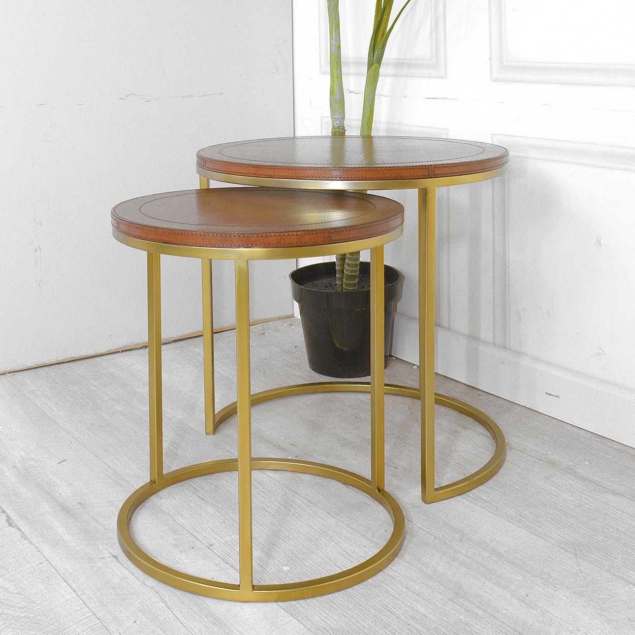 Brass and Leather Nest of Tables