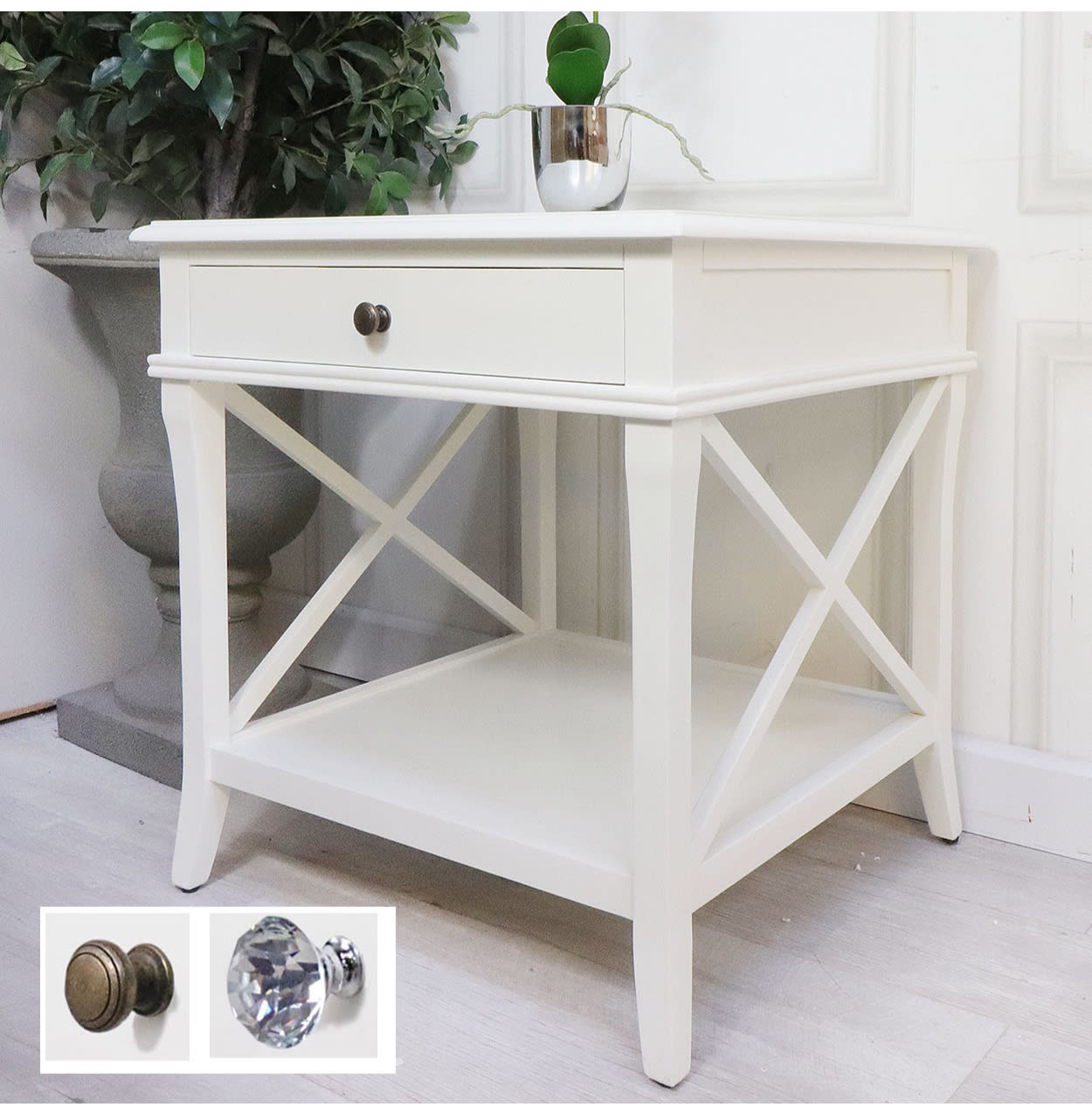 Portobello Warm White Cross Bedside Table