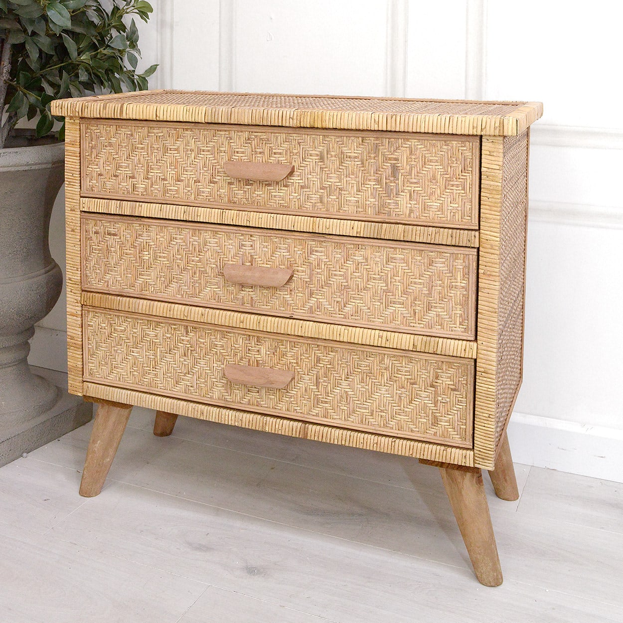 Woven Rattan 3 Drawer Bedside Table