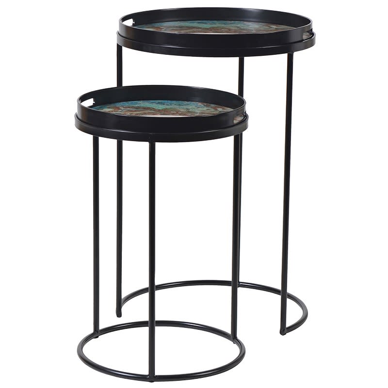 Set of 2 Green Marble Effect Black Side Tables