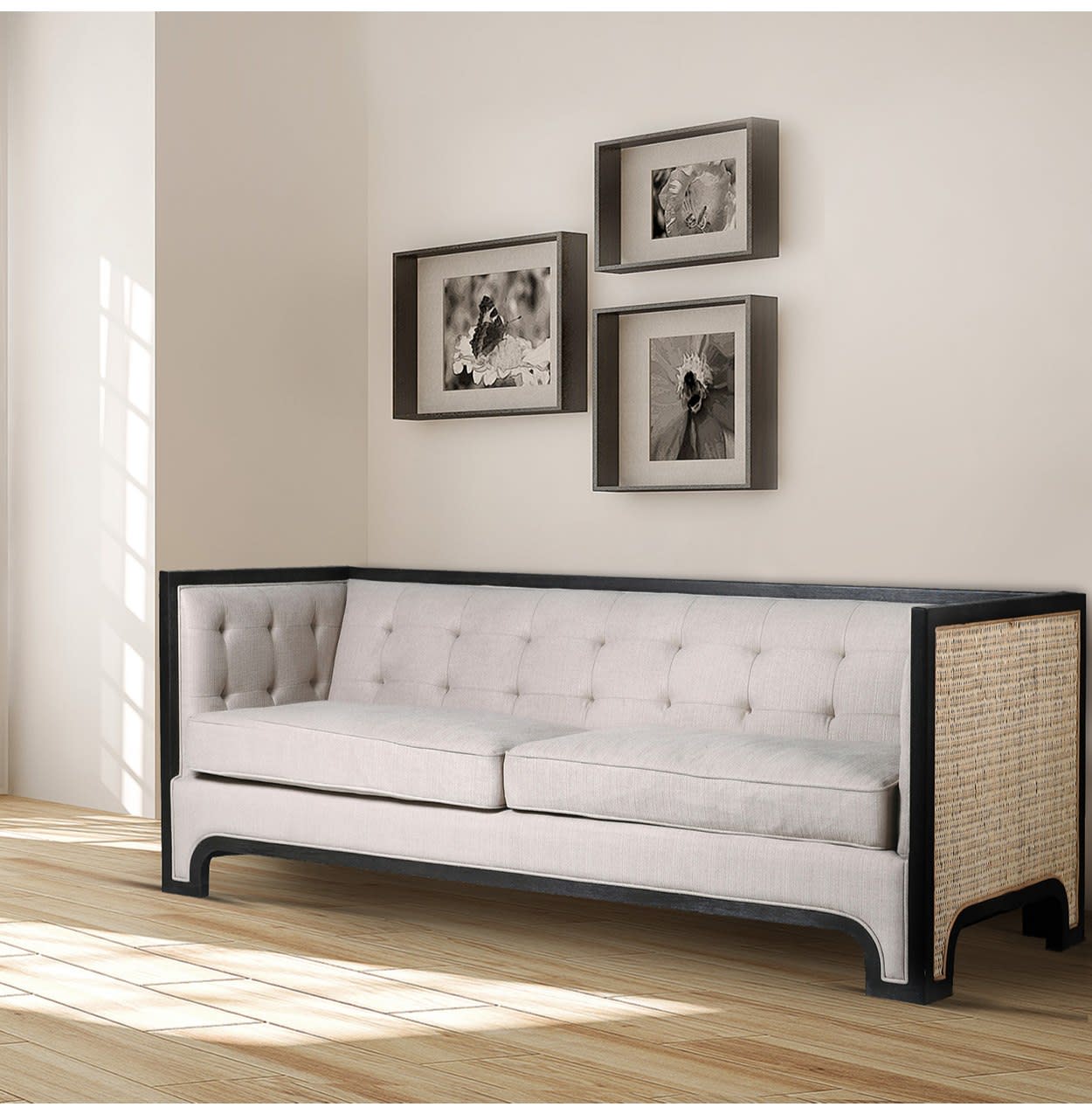 Bohemian Polyester Fabric Exposed Oak 3 Seater Sofa