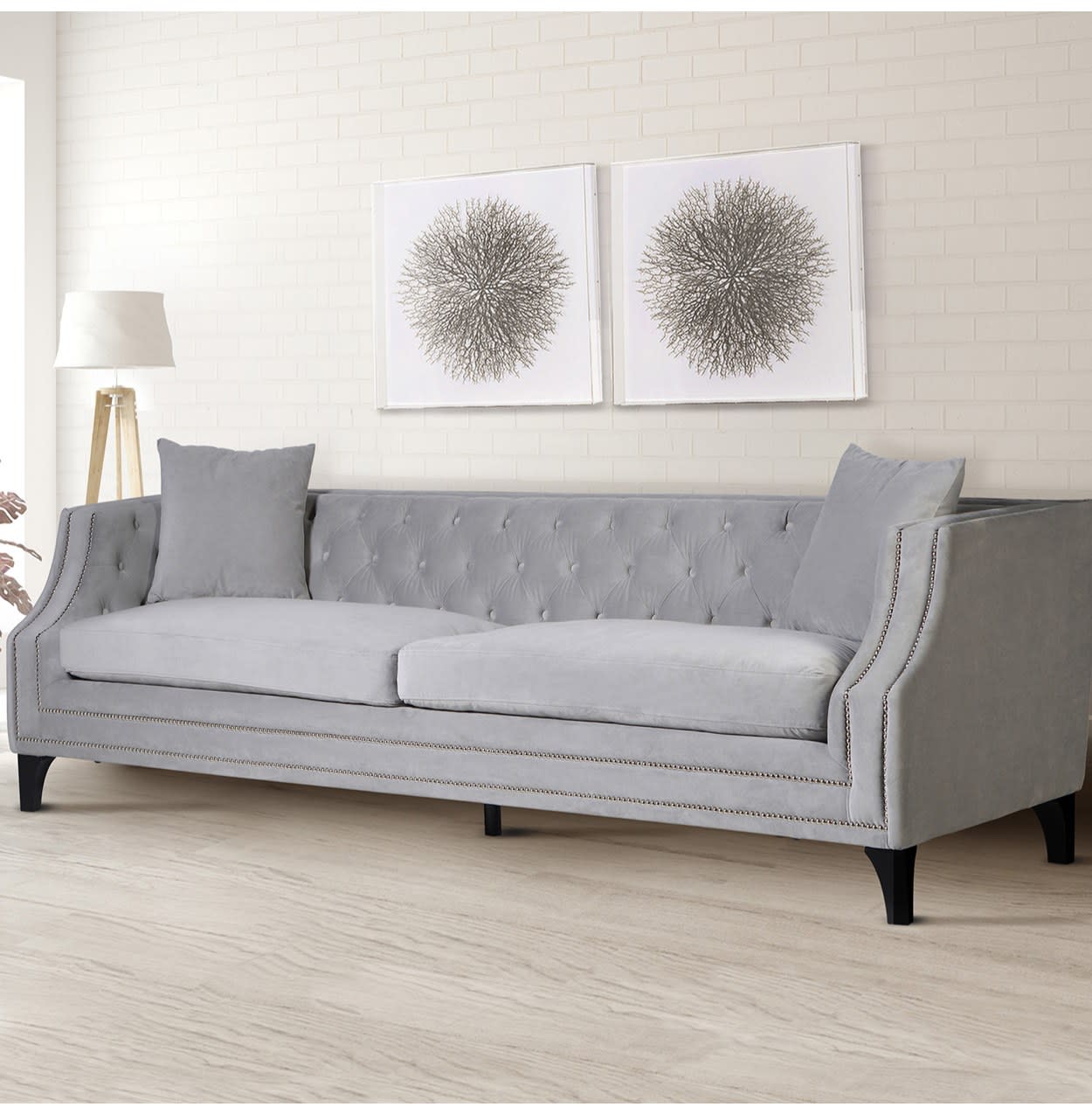 Pale Grey Velvet Studded Soft Button back Large 3 Seater Sofa