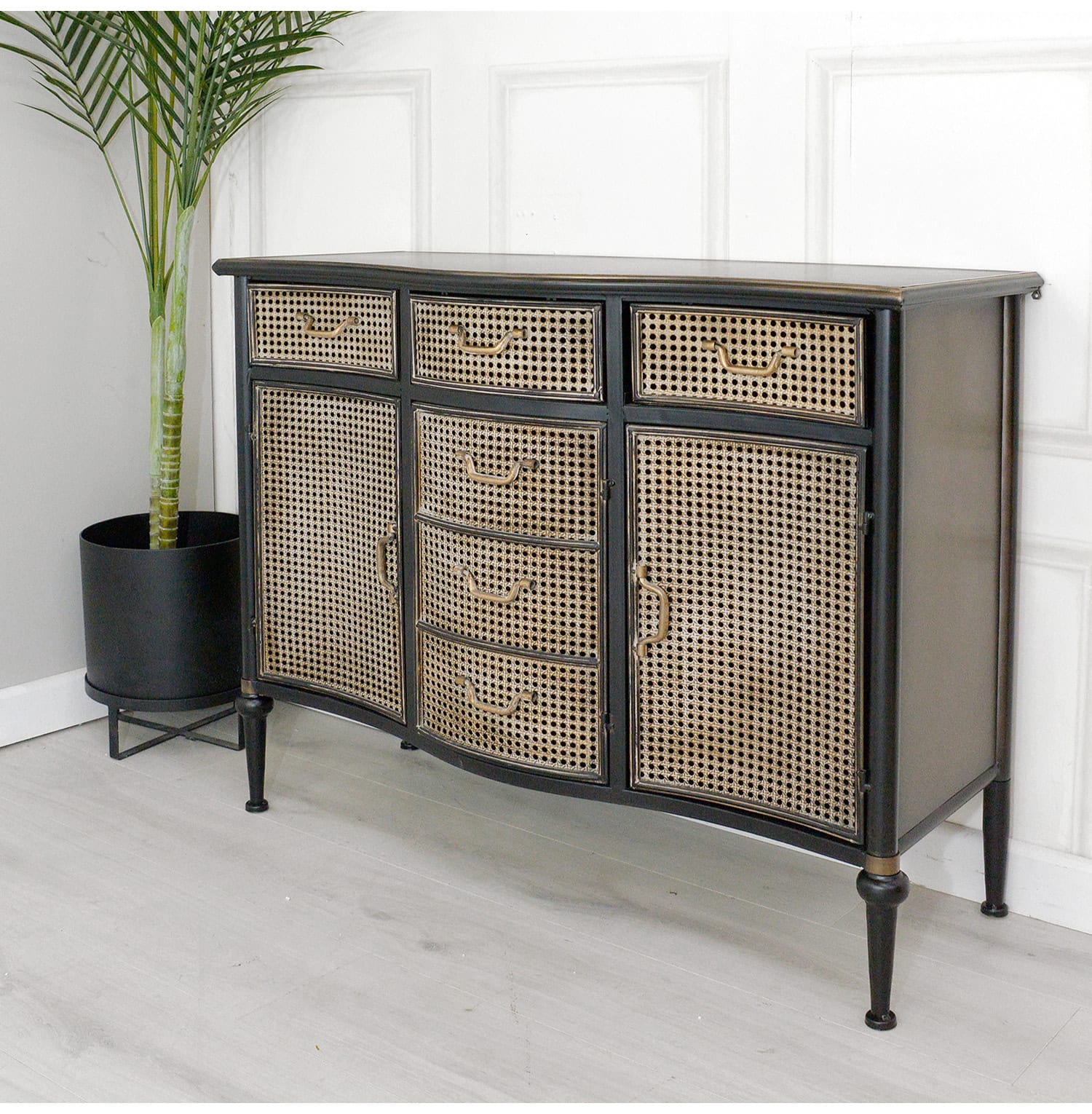 Black Metal and Rattan Small Sideboard