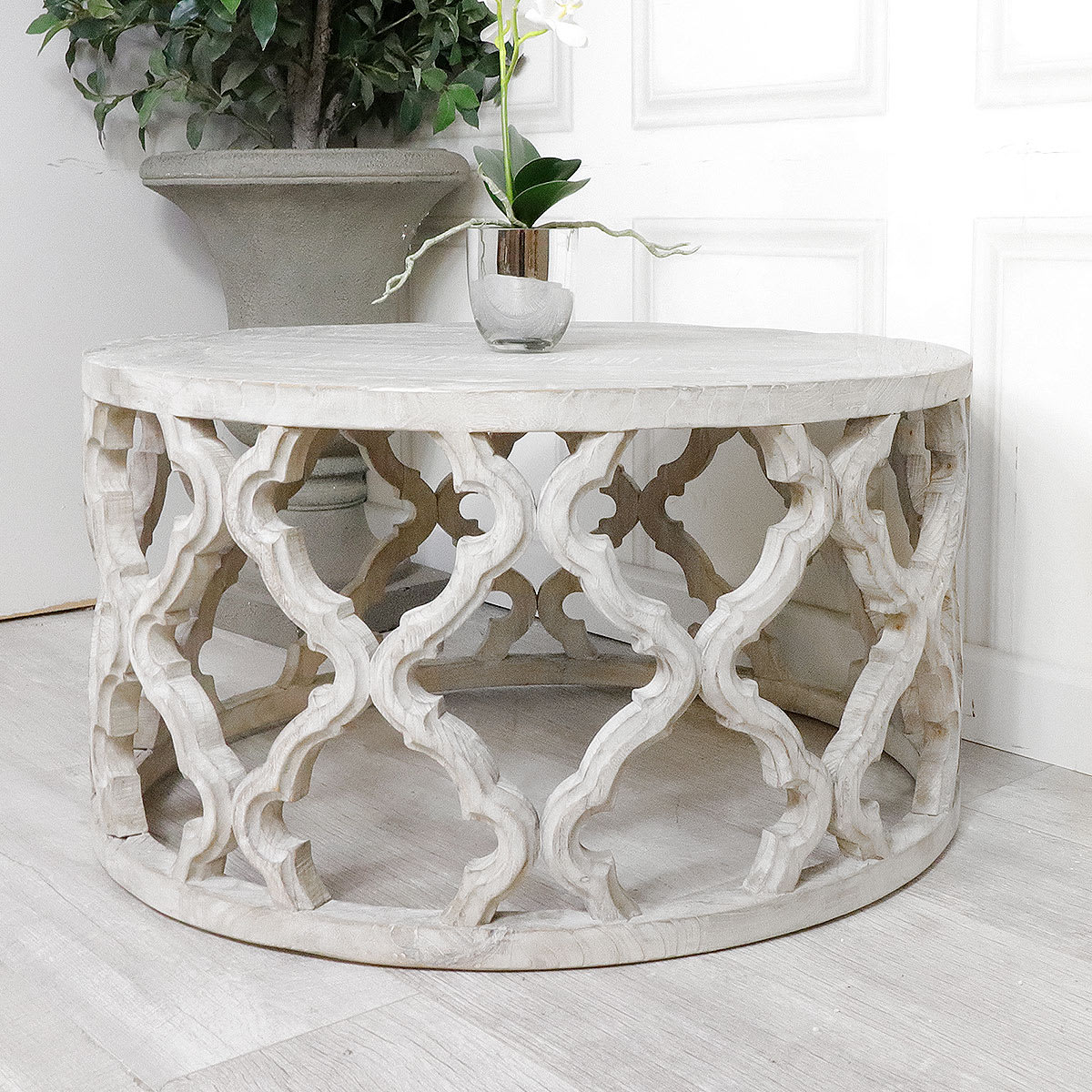 Round Whitewash Fretwork Coffee Table