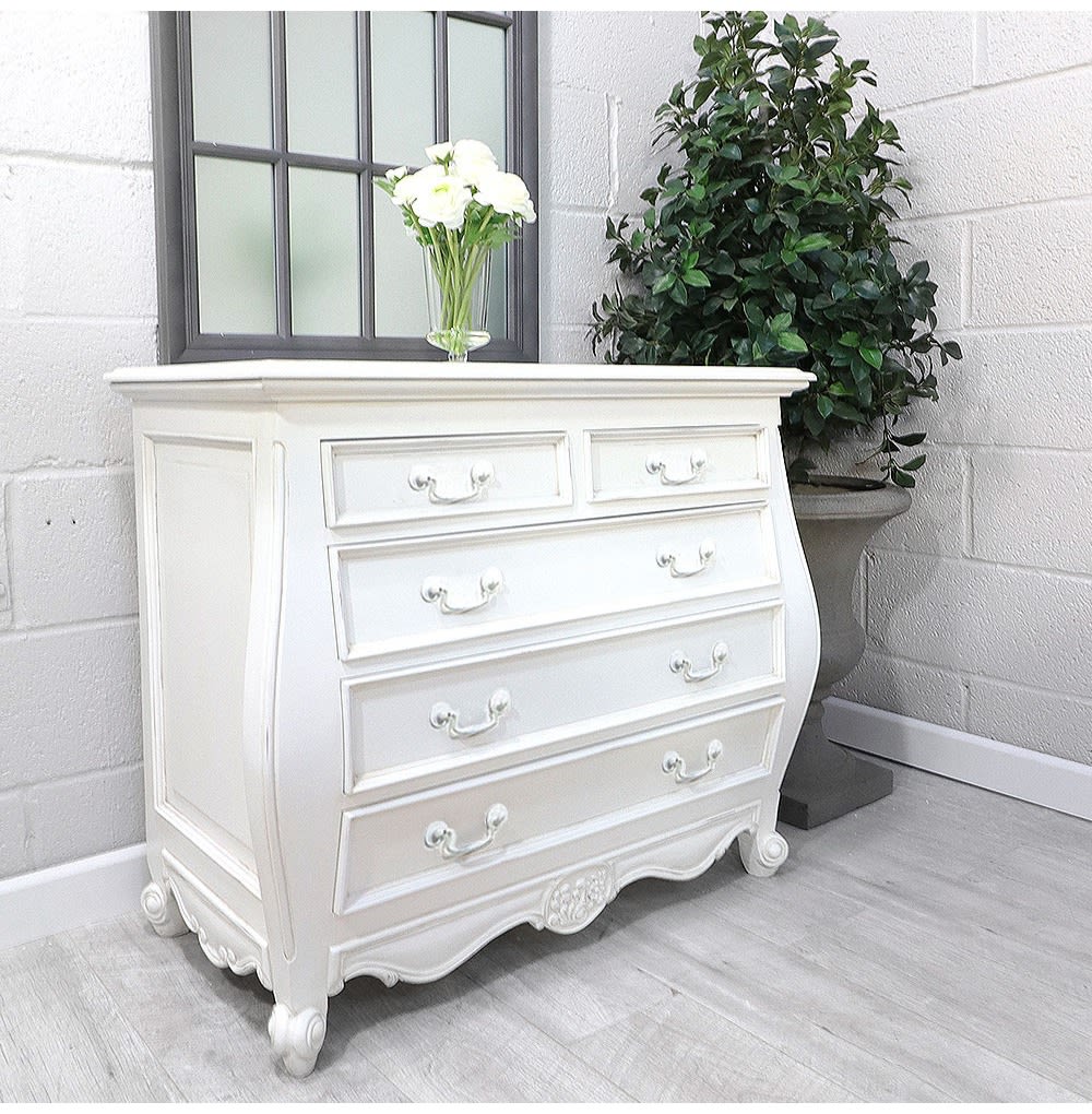 French Style White 5 Drawer Bombe Chest White Handles