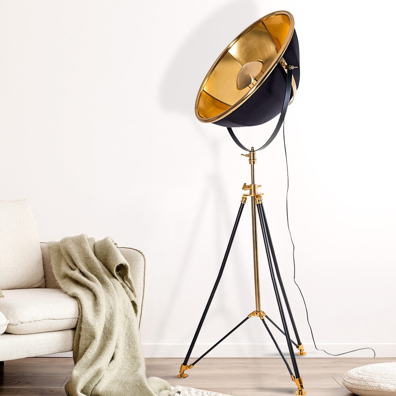 Black and Brass Tripod Floor Lamp