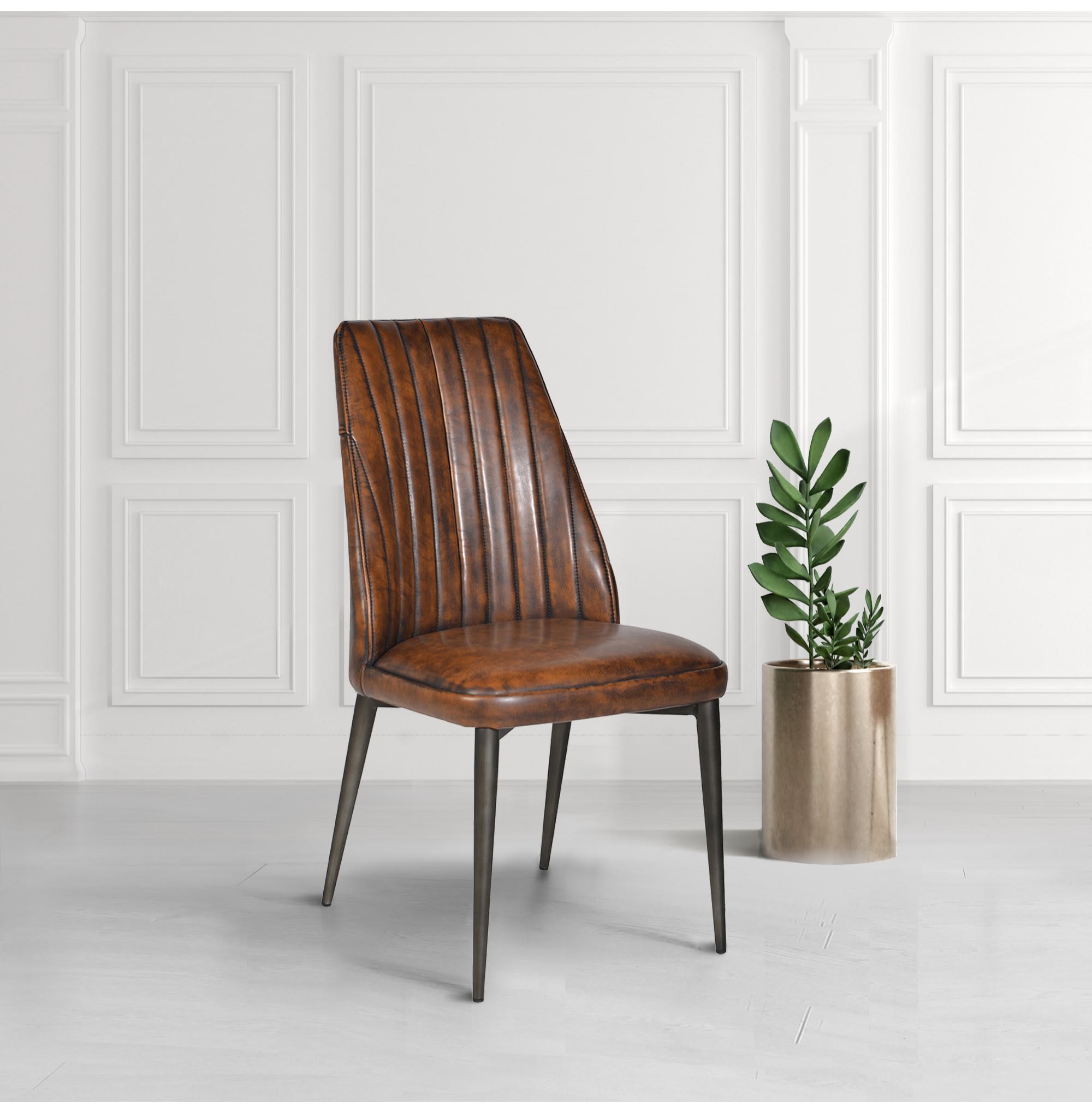 Brown Ribbed Faux Leather Dining Chair