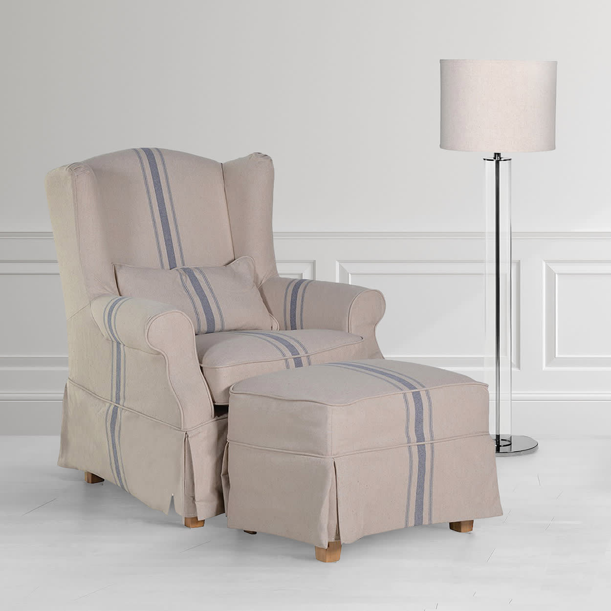 Pale Stripe Linen Armchair and Stool 