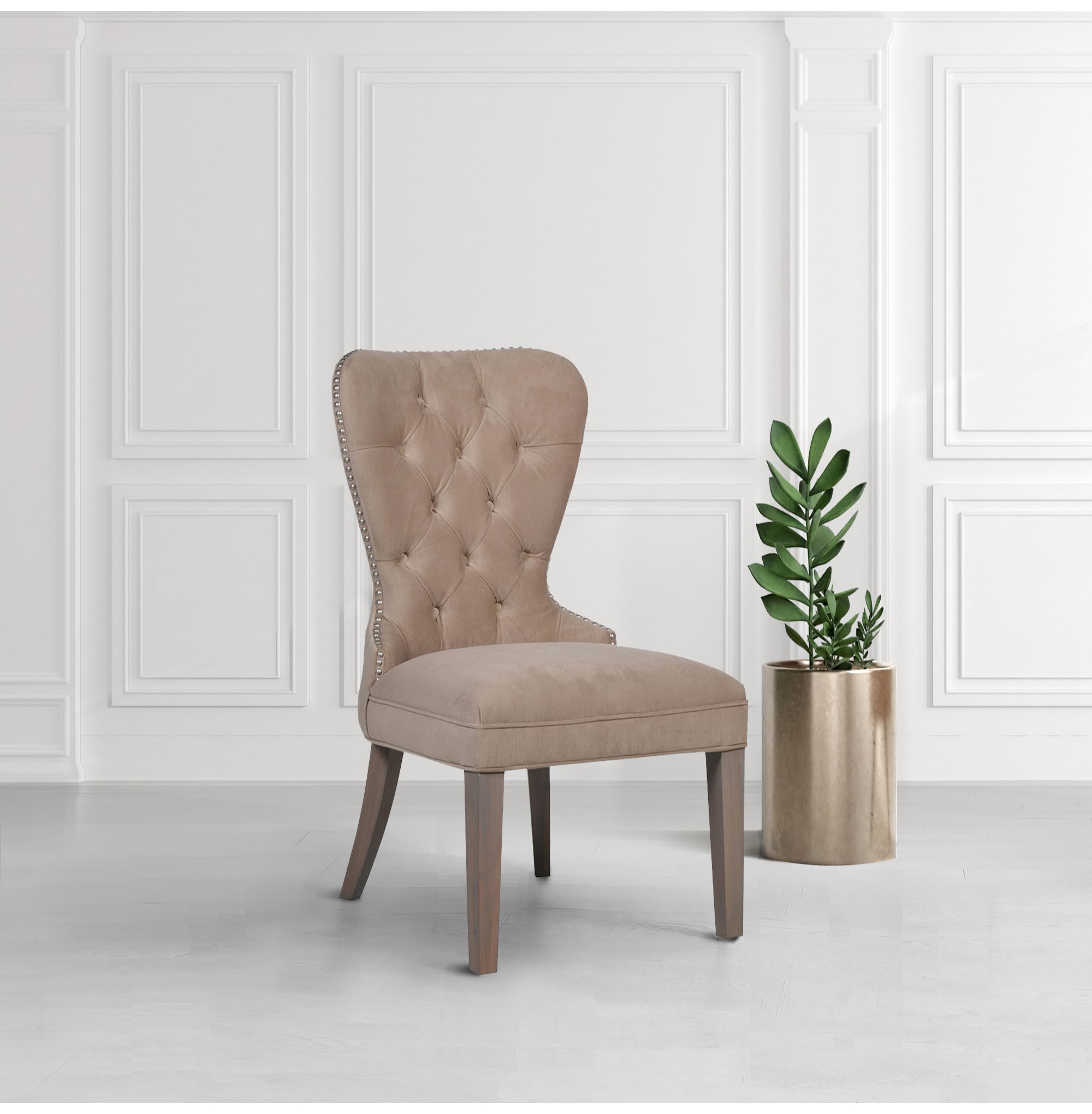 Beige Buttoned Velvet with Studs Dining Chair