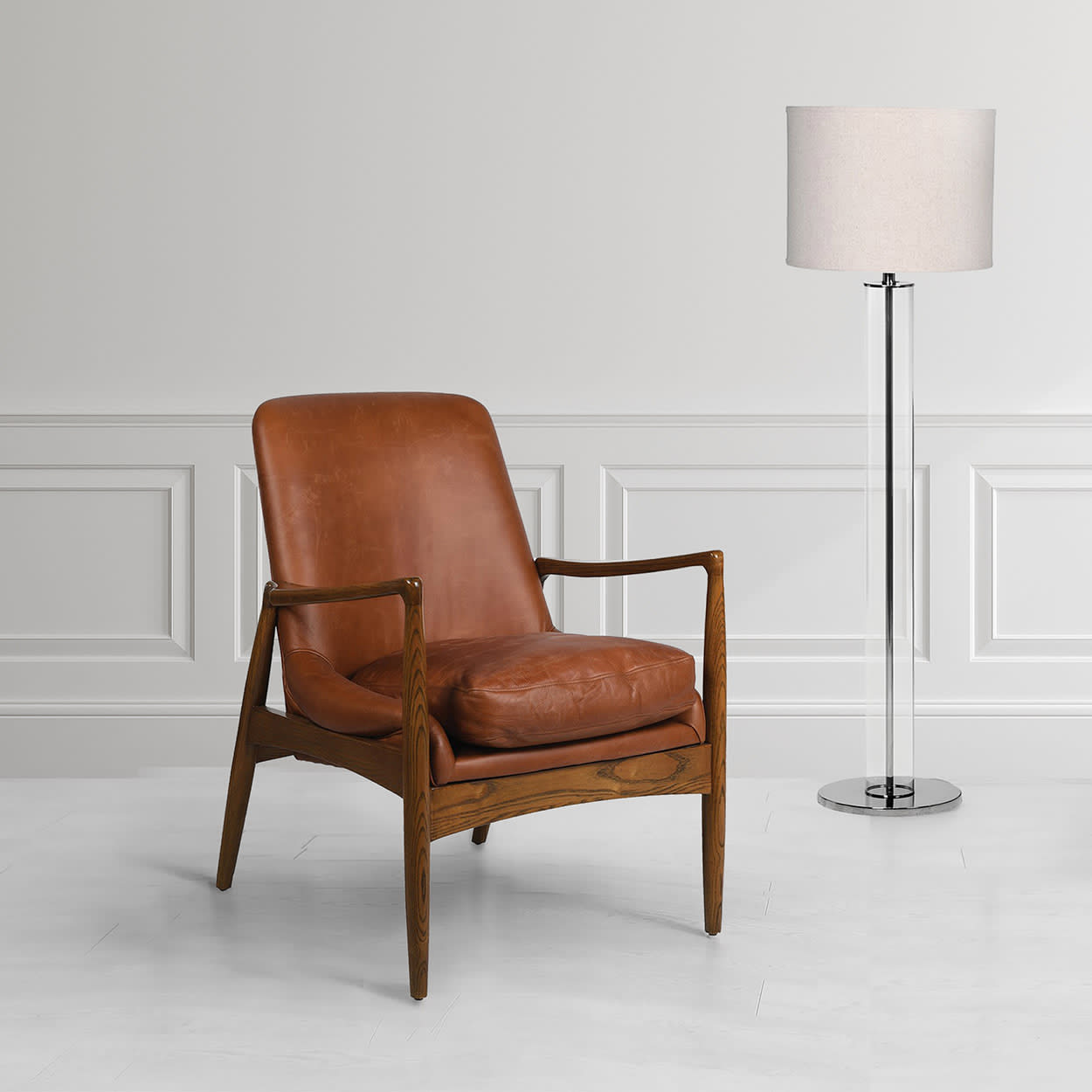 Tan Leather Armchair with Wooden Frame