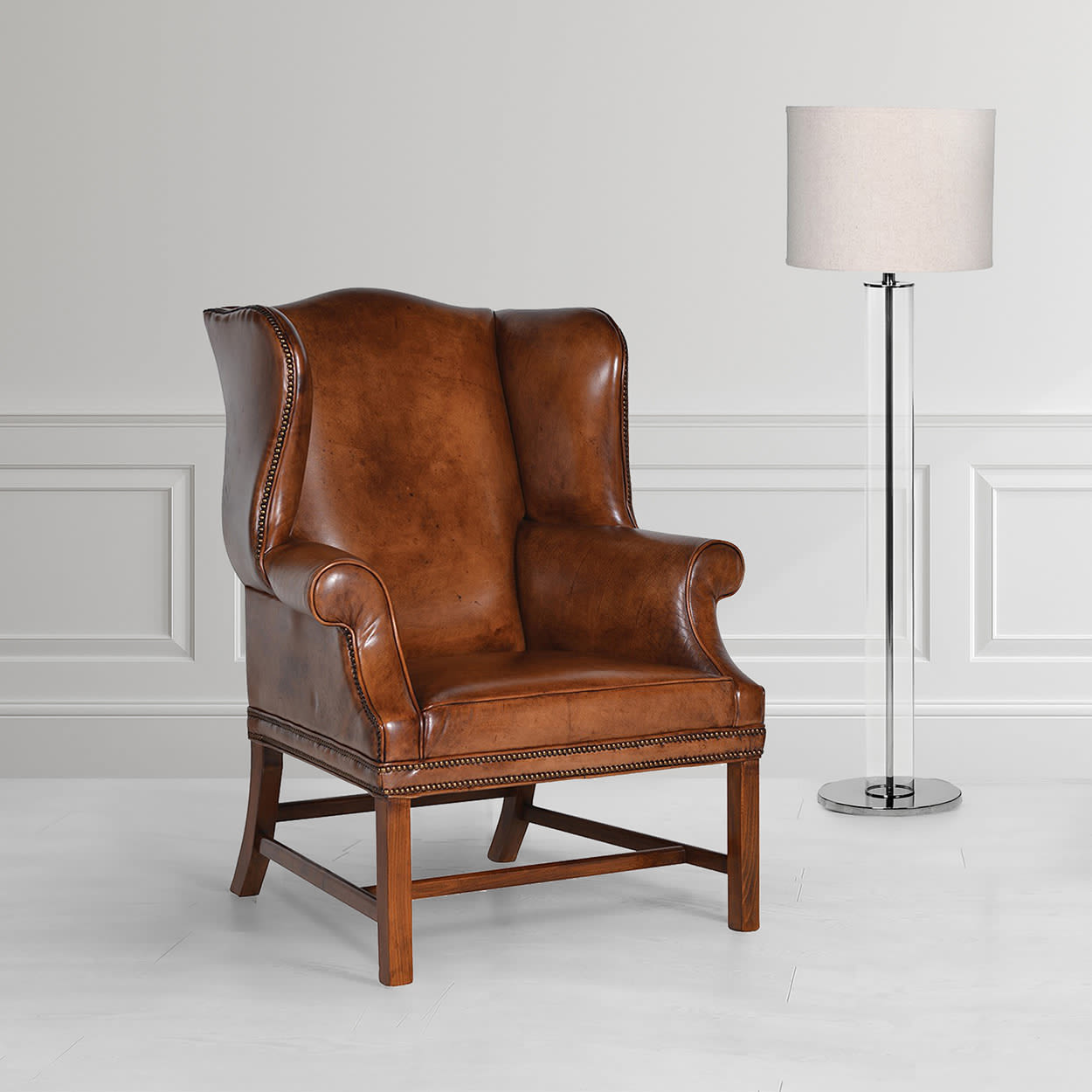 Brown Vintage Leather Wing Armchair with Studs