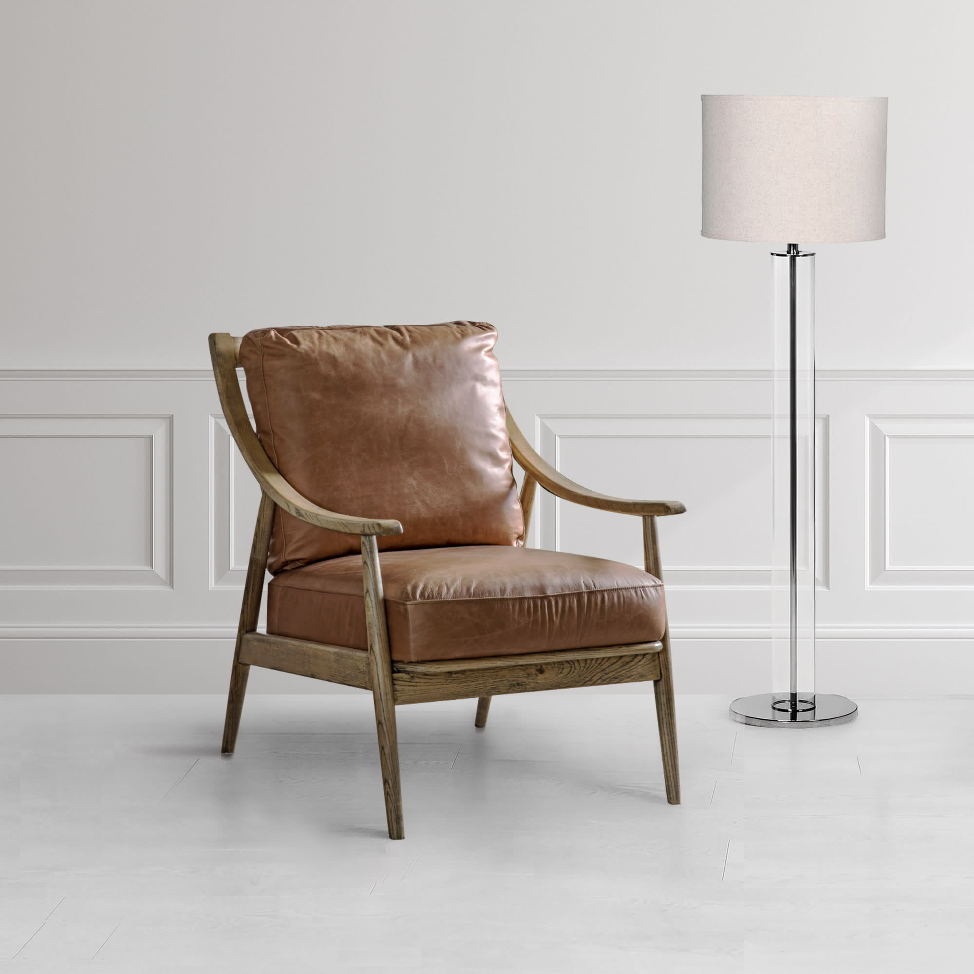 Brown Leather Upholstered Armchair with Wooden Frame 