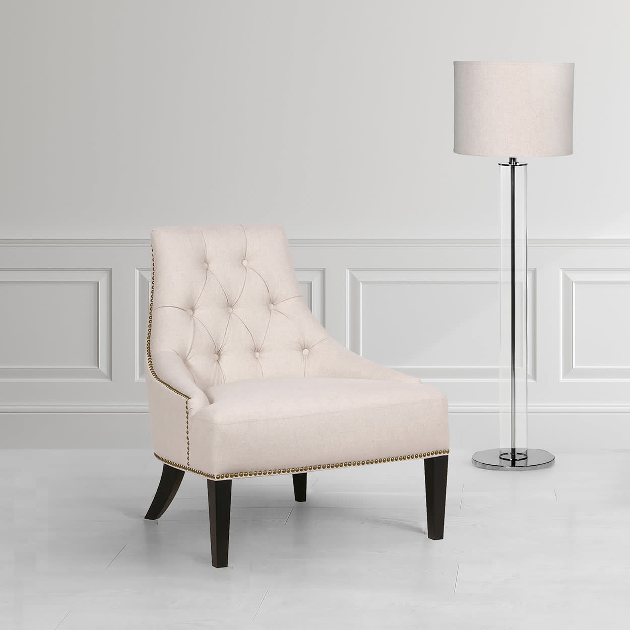 Studded Cream Linen Blend Bedroom Chair