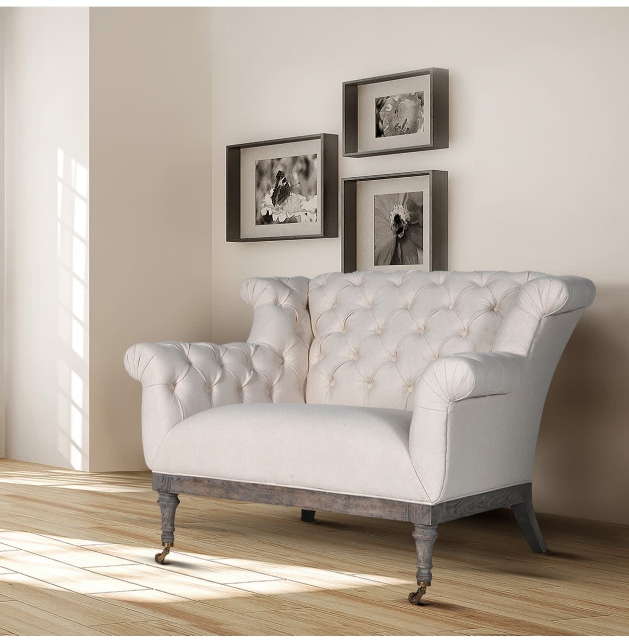 Cream Button Back Linen 2 Seater Sofa