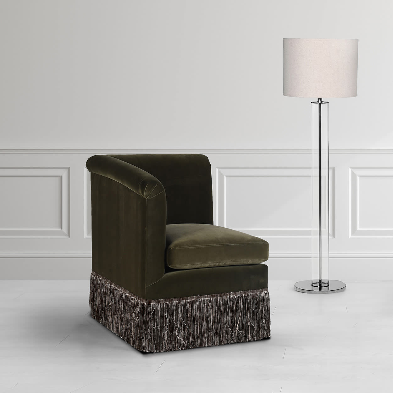 Olive Green Raphael Fringed Right Hand Velvet Chair