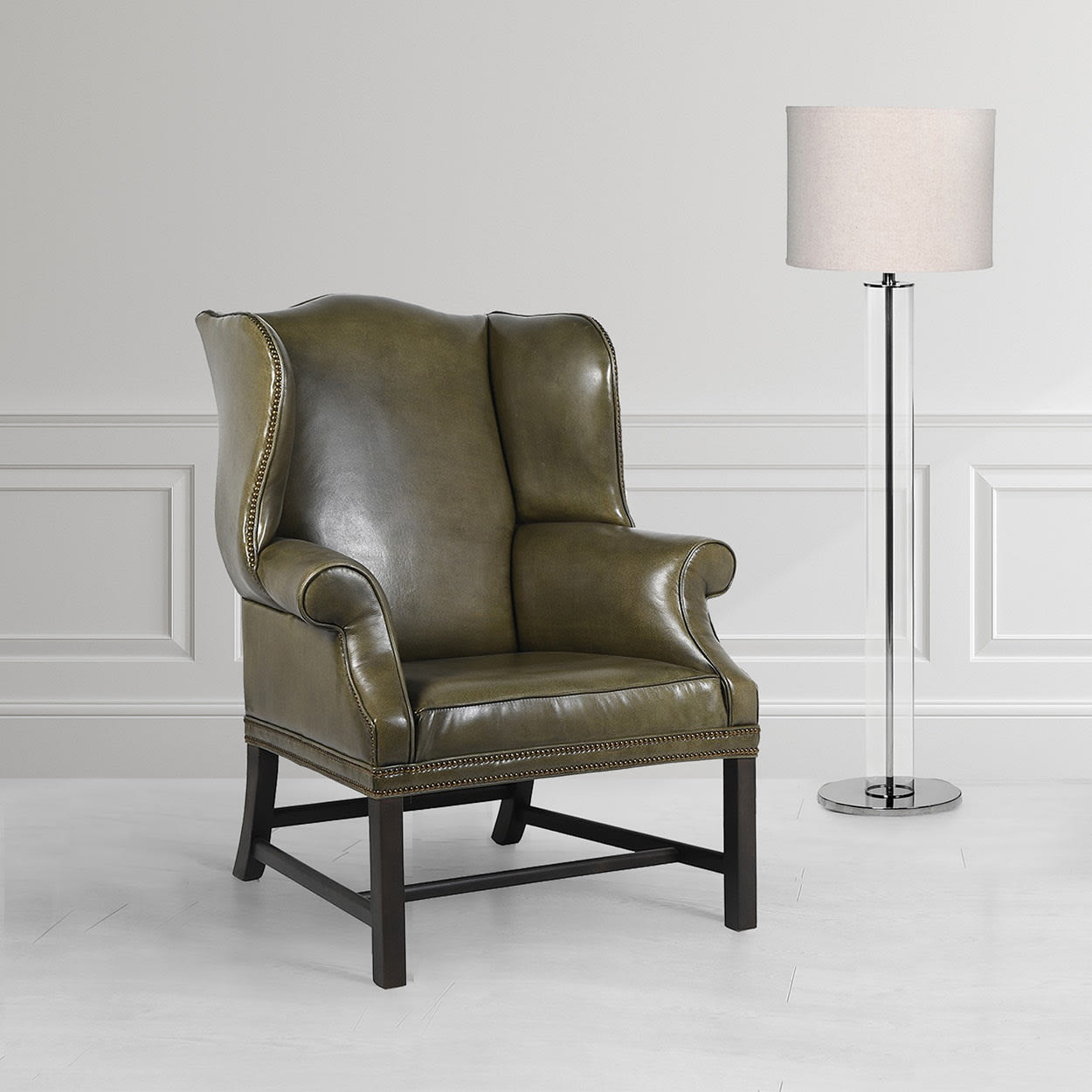 Olive Green Vintage Leather Wing Armchair with Studs