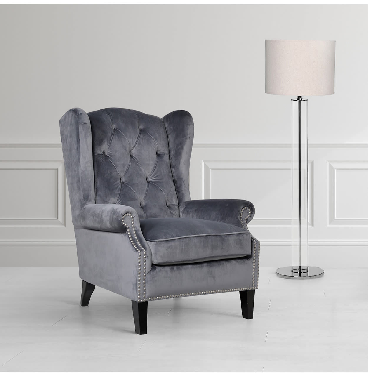 Grey Velvet Buttoned Armchair 