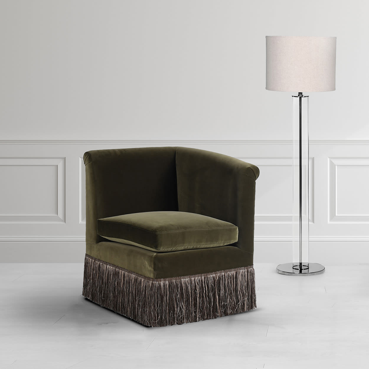 Olive Green Velvet Raphael Fringed Left Hand Chair