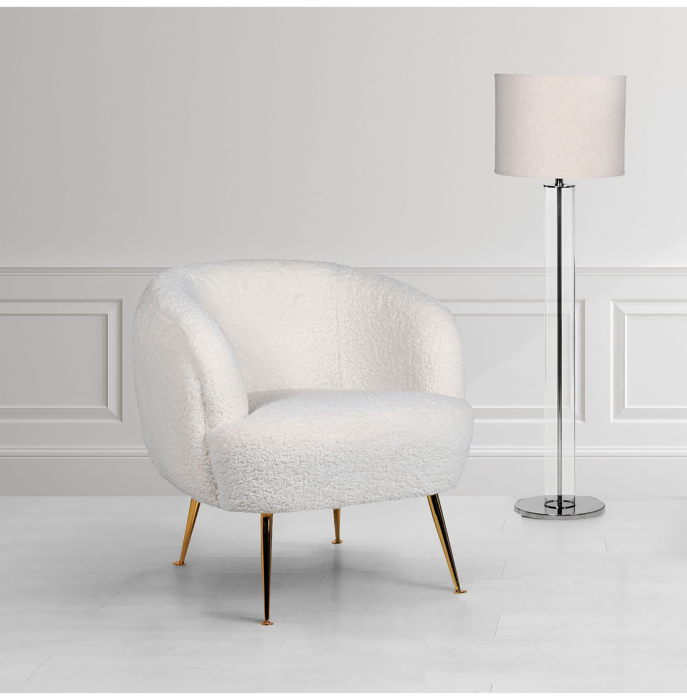 Teddy White Boucle Club Chair with Gold Legs