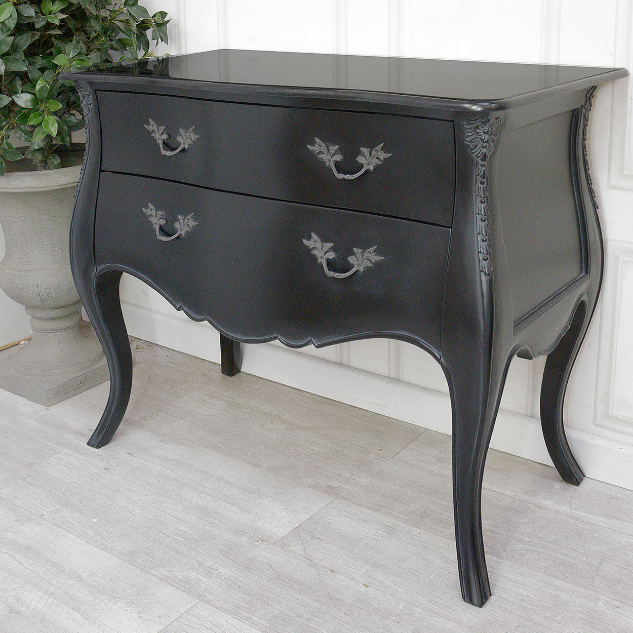 French Noir Black Marble Top 2 Drawer Chest