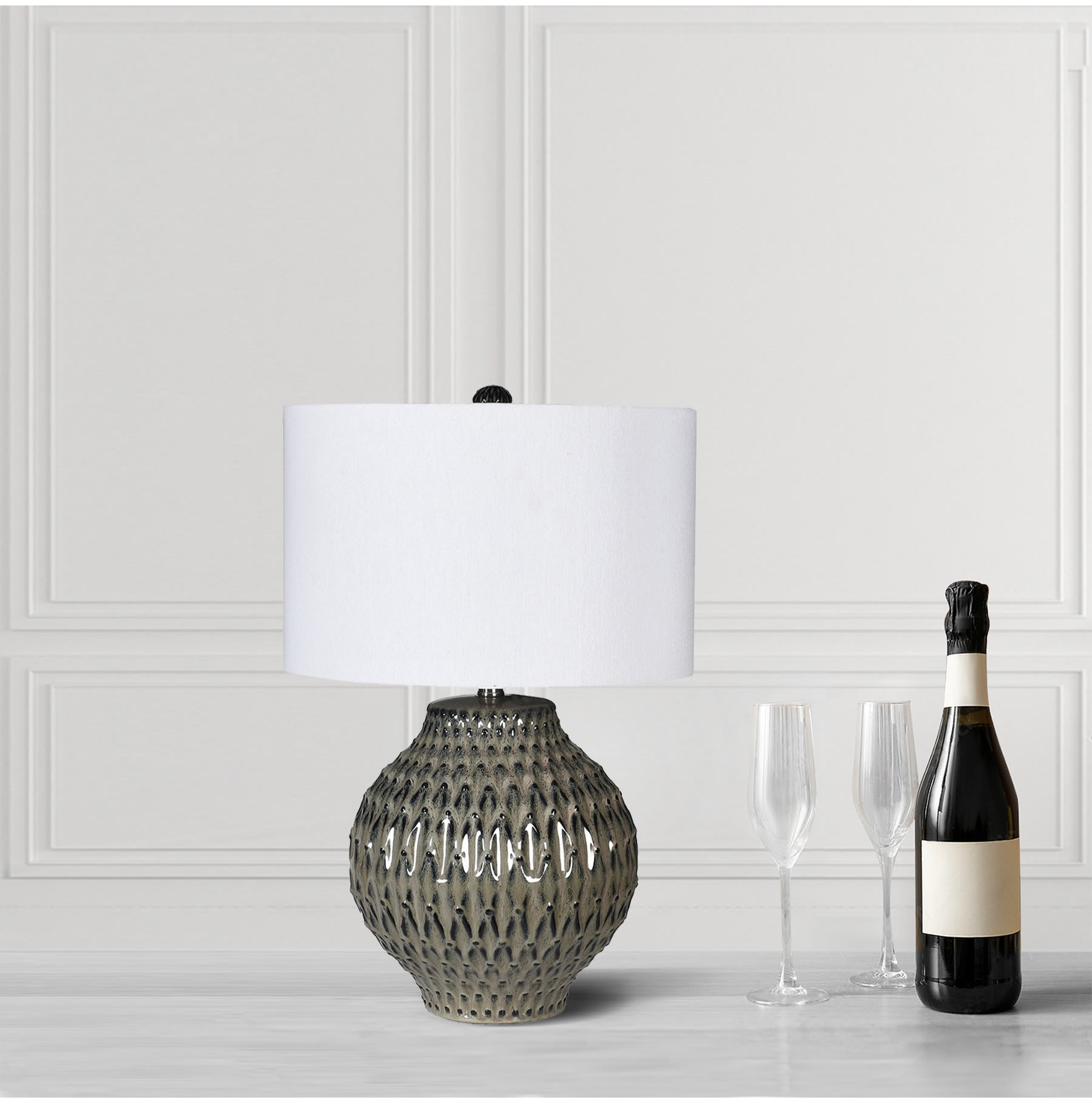 Dark Textured Table Lamp with White Linen Shade