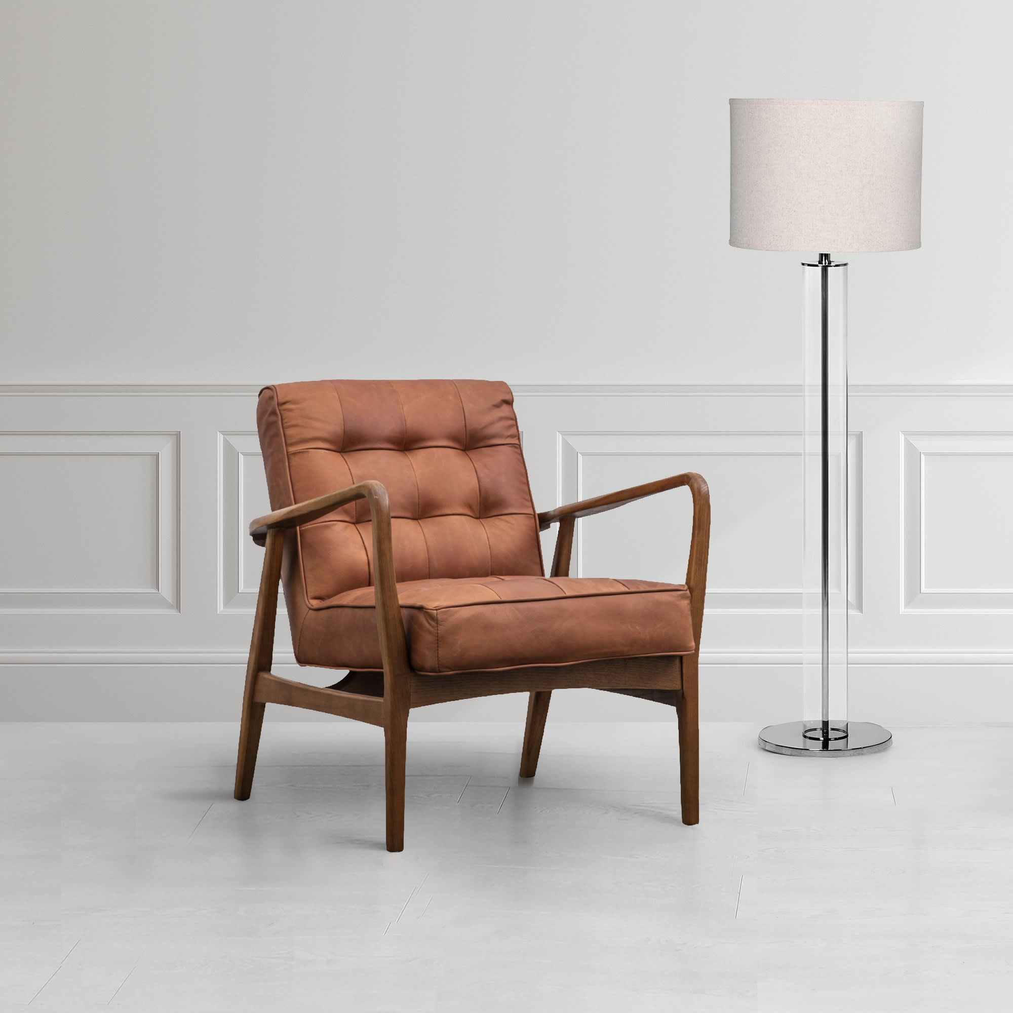 Pleated Detail Leather Armchair with Wooden Frame