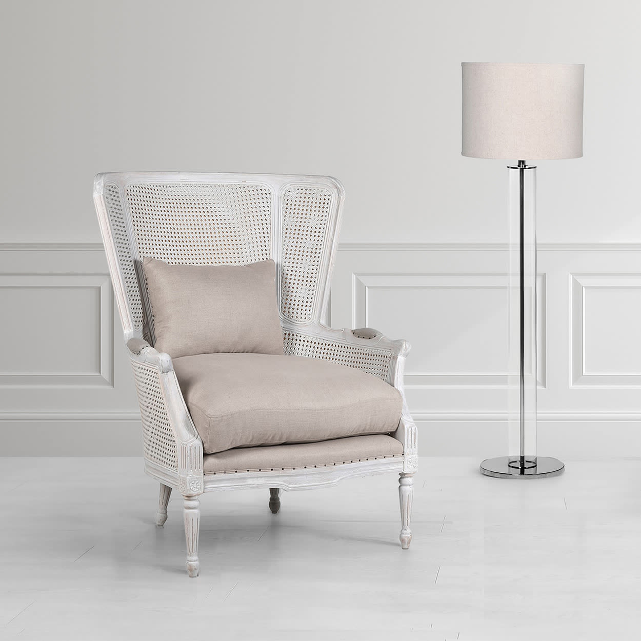 White Wash French Rattan Wing Chair