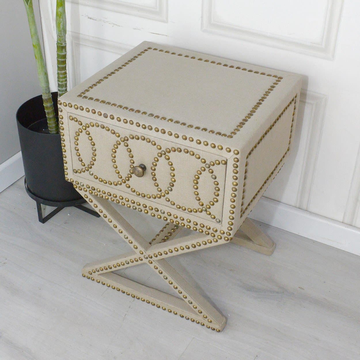 Studded Linen Cross Leg Bedside Table Nicky Cornell
