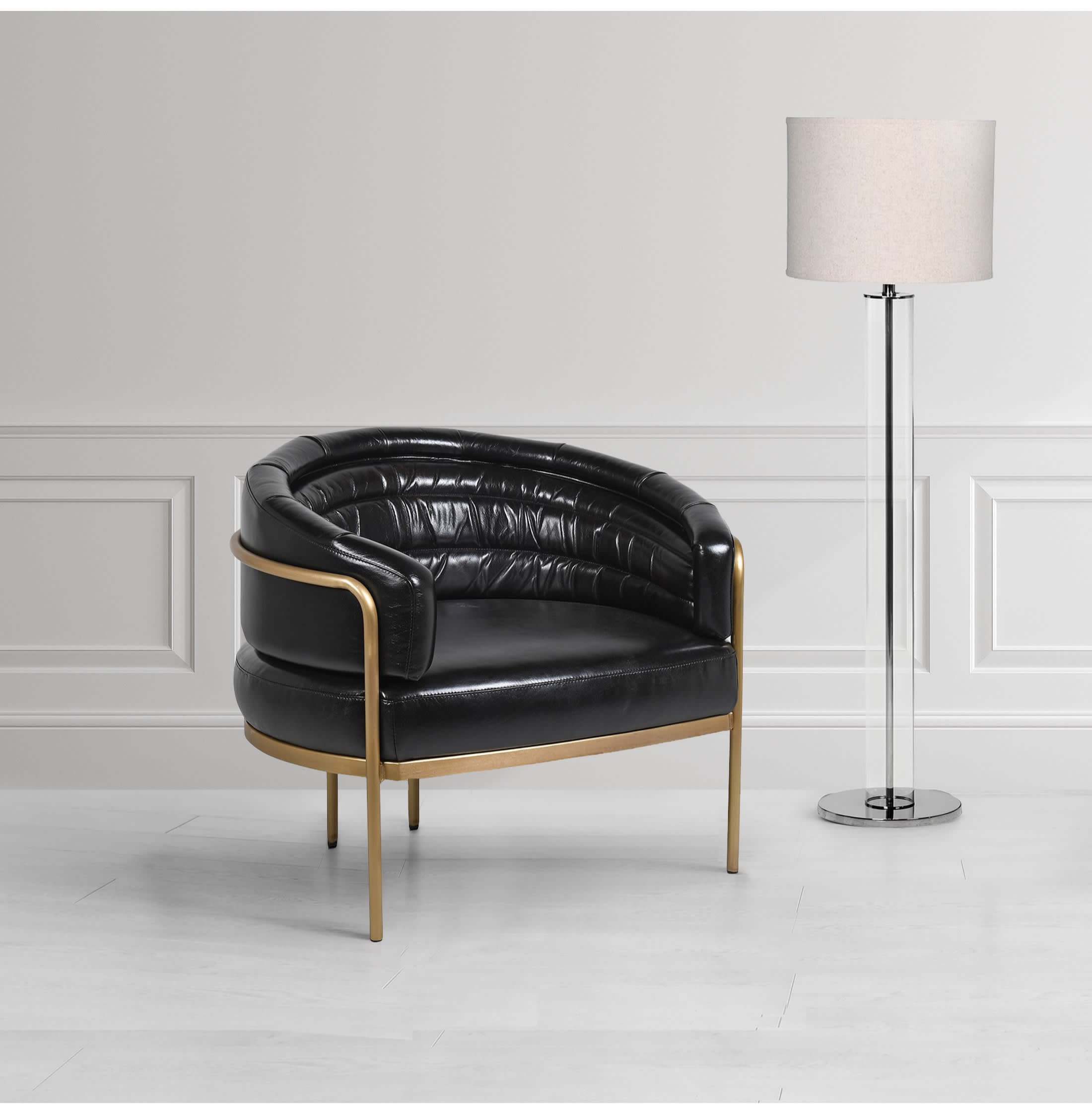 Black Vintage Leather Club Chair with Gold