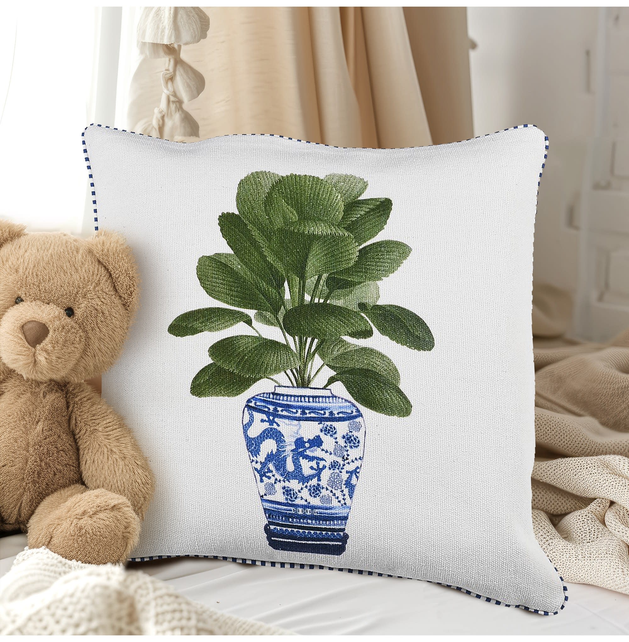 Green Plant in Chinoiserie Urn Cushion