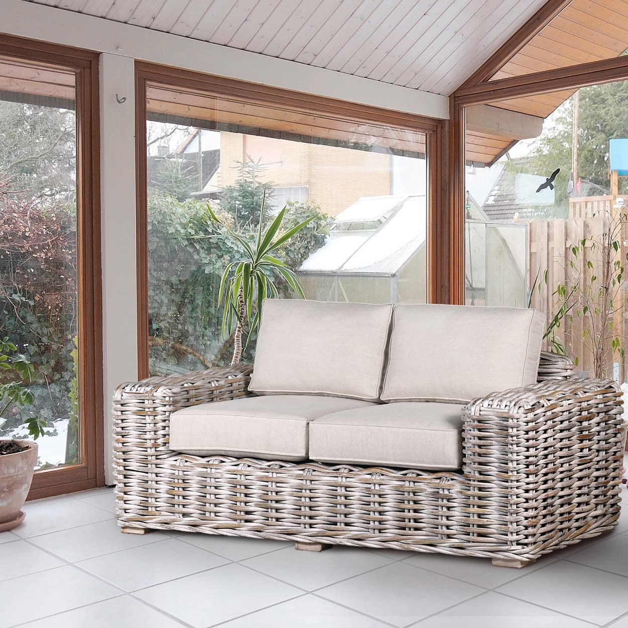 Coco Whitewash Rattan and Cotton 2 Seater Sofa