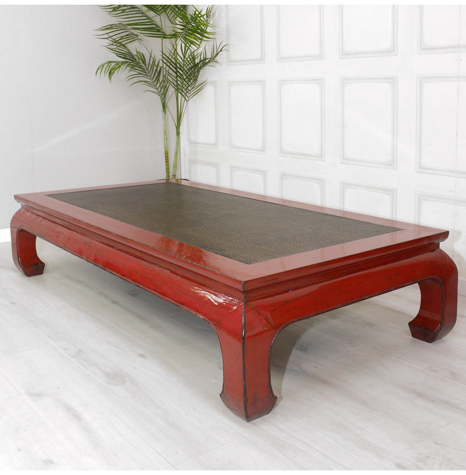 Oriental Style Red Coffee Table with Rattan Top