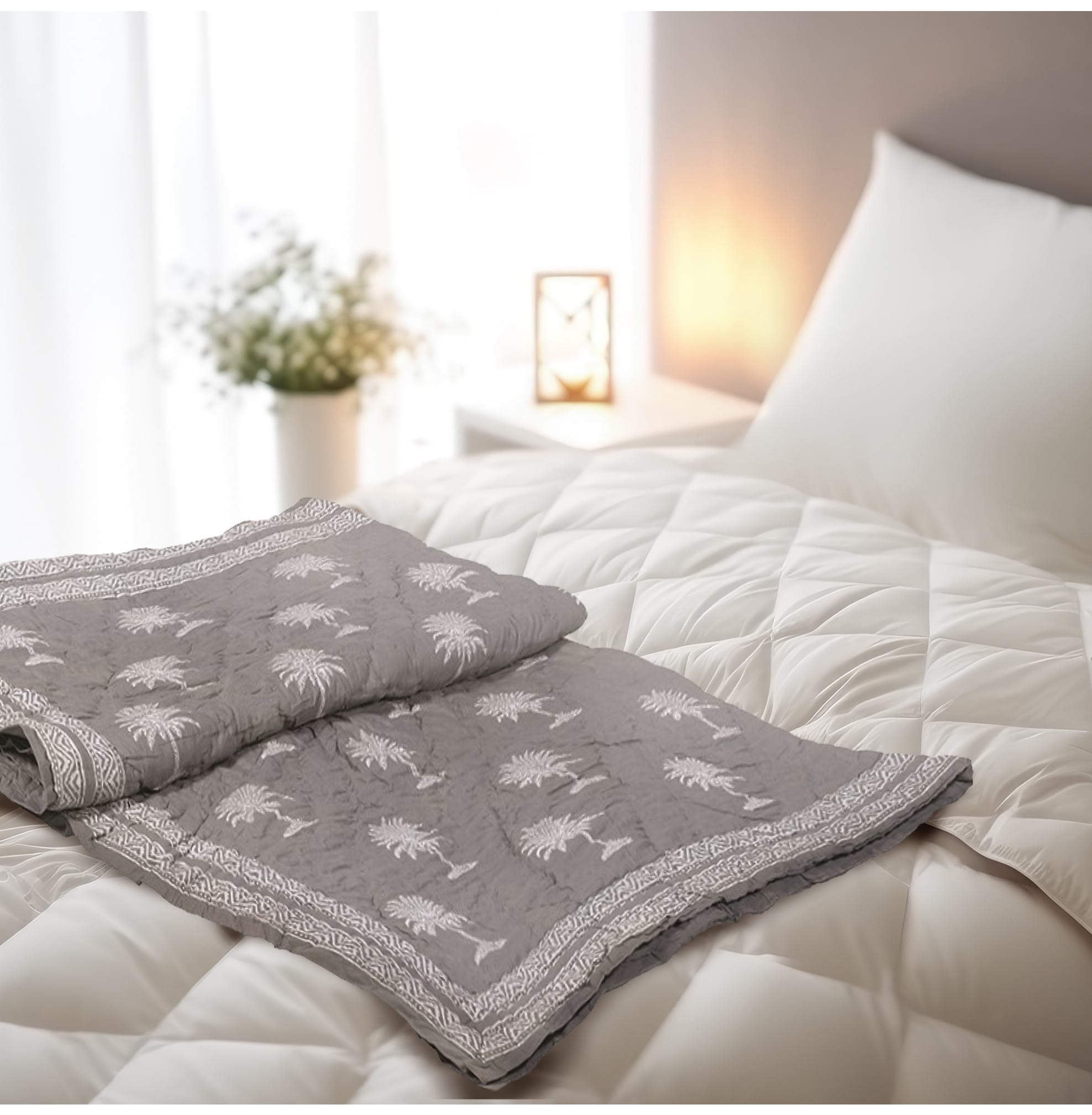 Grey Palm Tree Cotton Oversized Bedspread