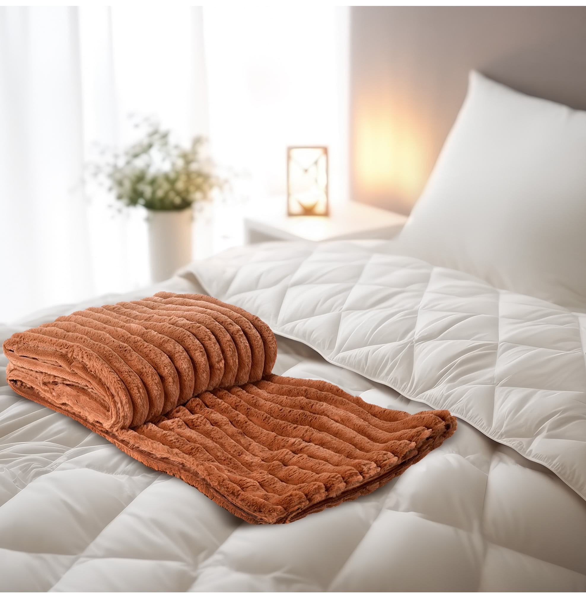 Terracotta Ribbed Faux Fur Throw