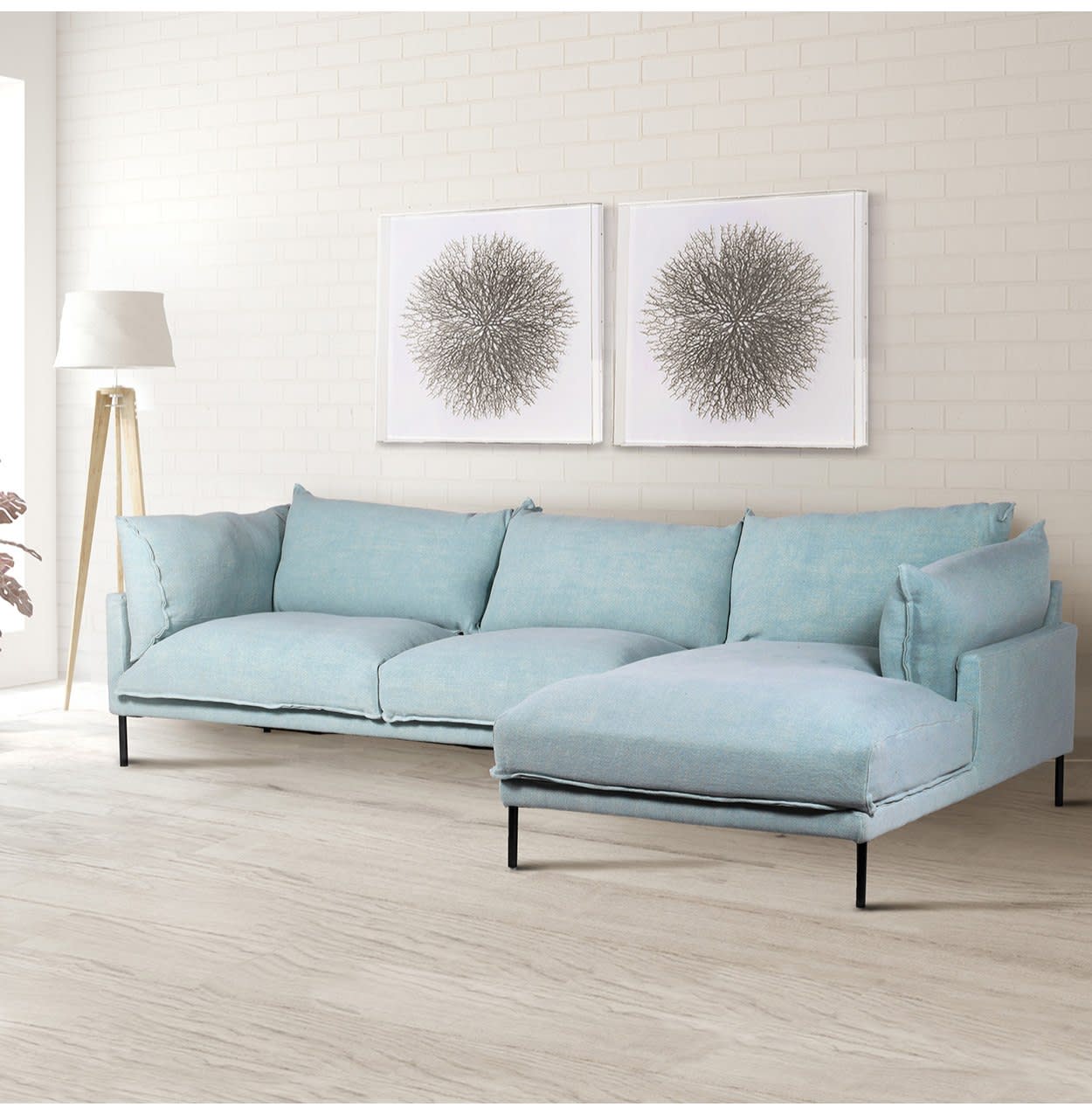 Grey Ice Blue Linen Corner Sofa | Nicky Cornell