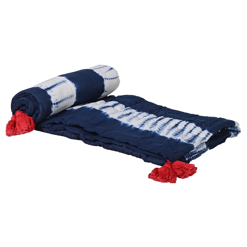 Indigo and White Tie Dye Throw with Red Tassels