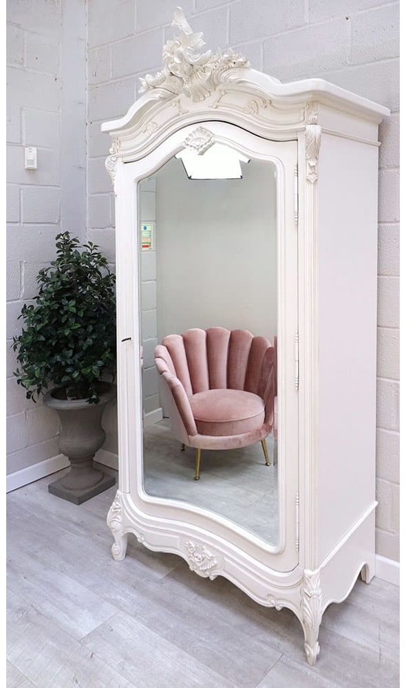 French Style White Mirrored Armoire Wardrobe French Style White Mirrored Armoire, White Armoire With Mirror