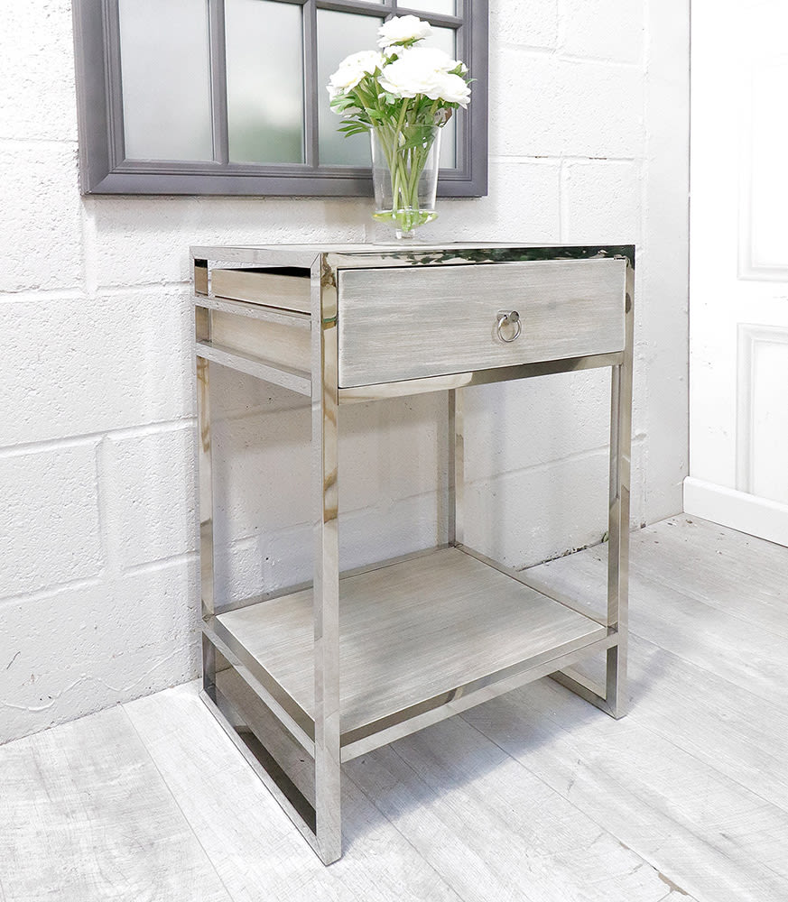 Fir Wood and Chrome Bedside Table