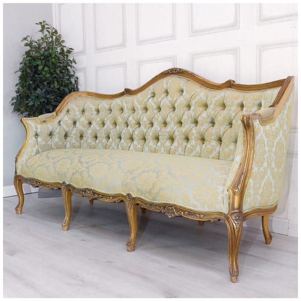 French Style Gold Gilt Patterned Silk Sofa Large