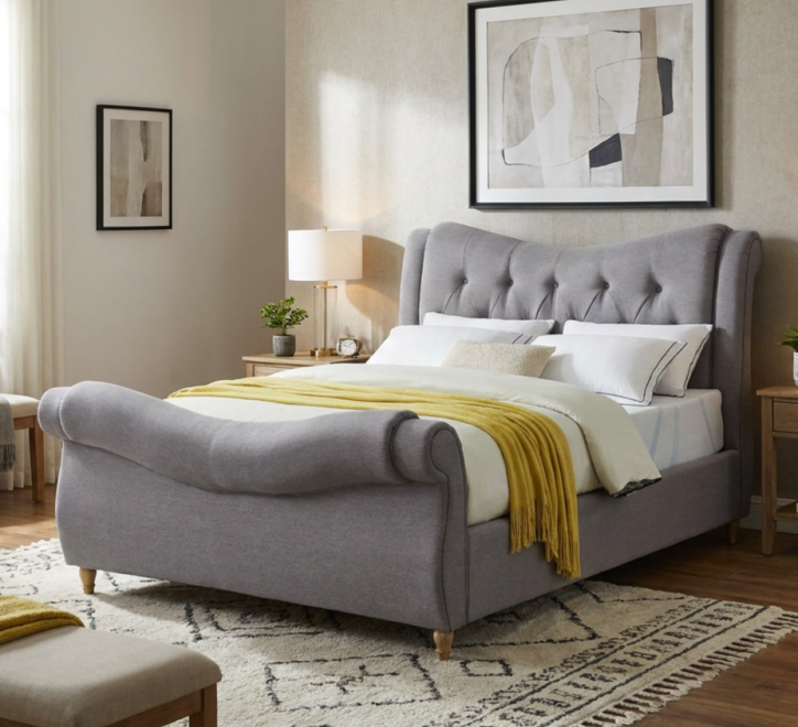 grey fabric bed scroll design button headboard