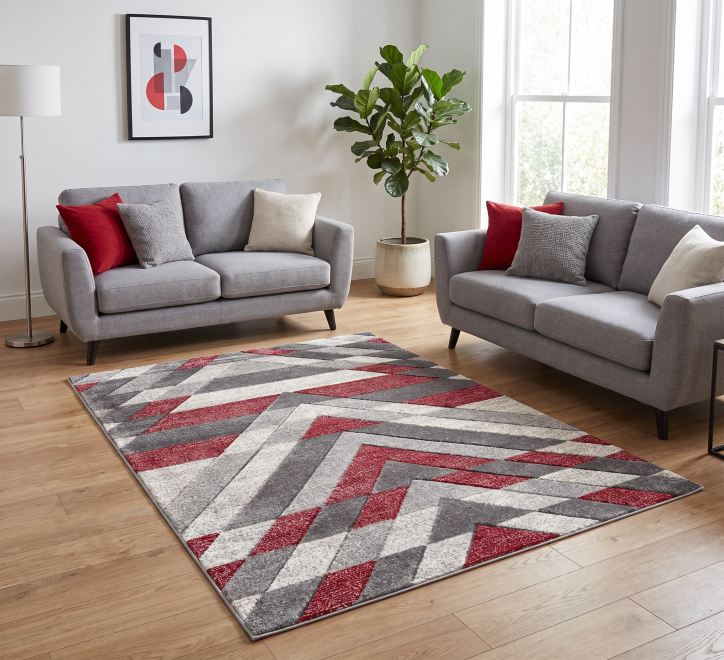 grey red triangle pattern rug